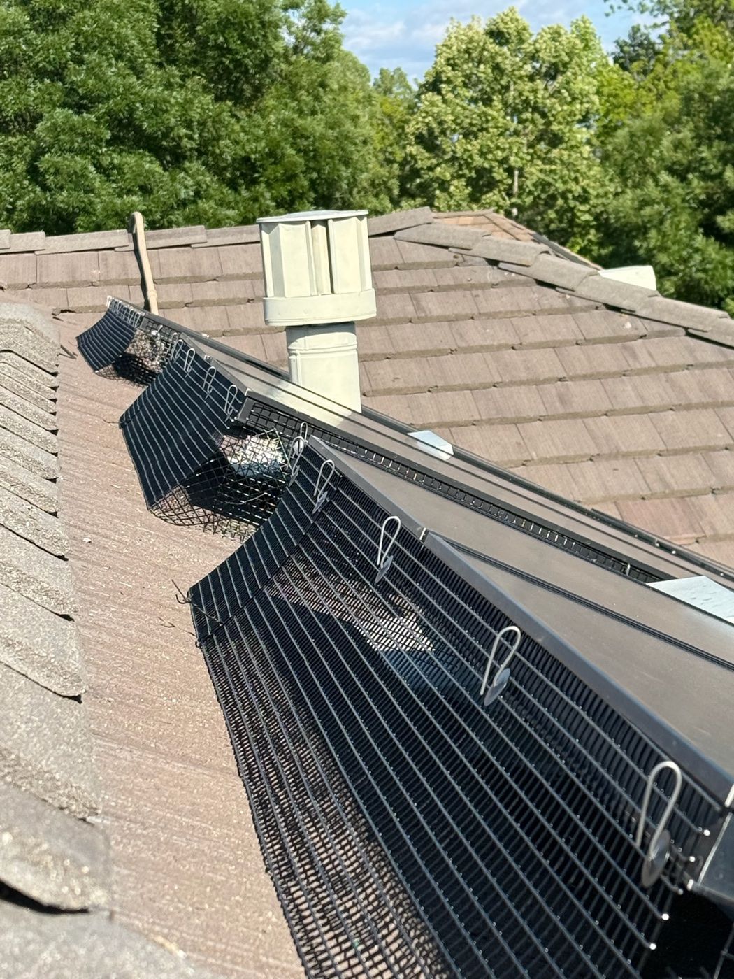 Technician installing bird-proofing mesh around solar panels