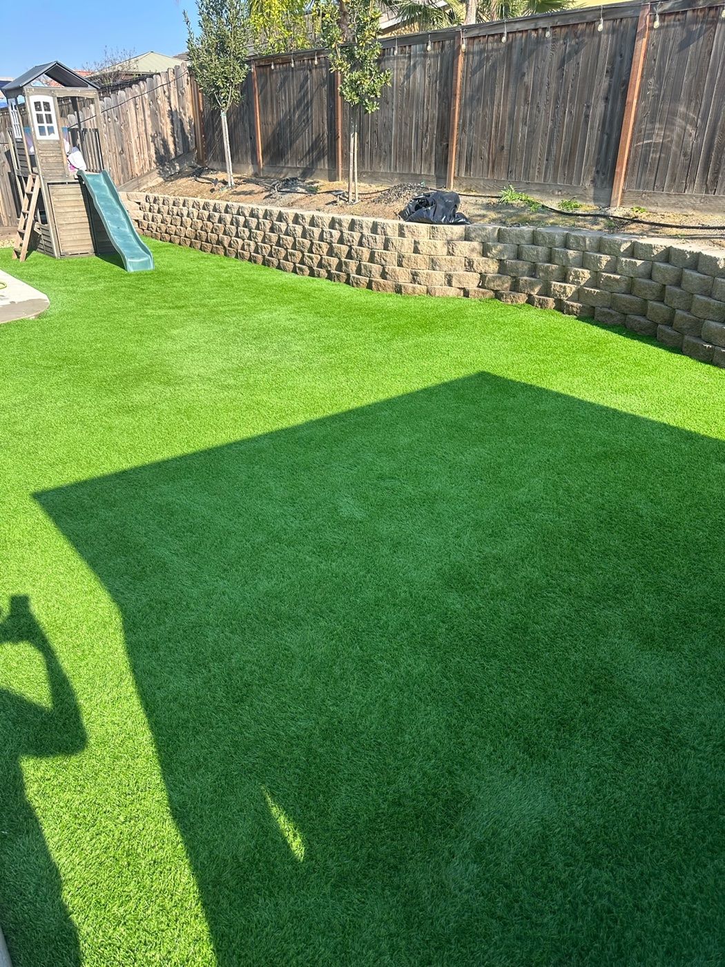 Fallen autumn leaves scattered across an artificial turf lawn in a Fresno backyard